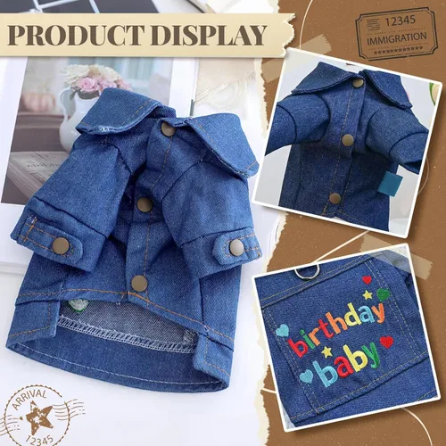 Vista 3 de Chaqueta de mezclilla para perro con anillo en D, abrigo de mezclilla azul, trajes para perros pequeños, gatos, macho, niña, ropa de cumpleaños