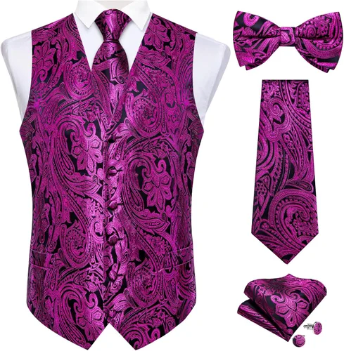 Vista 32 de DiBanGu Conjunto de 5 chalecos de seda con corbata y corbatín para hombre Paisley oro negro