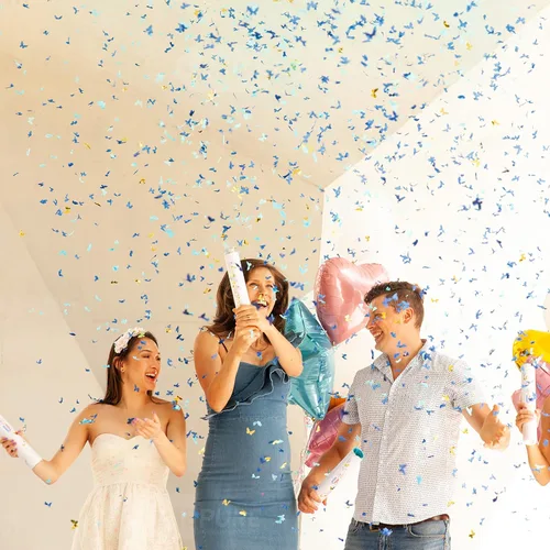 Vista 10 de PrimePure Cañón de confeti de revelación de género, papel azul mariposa, paquete de 2