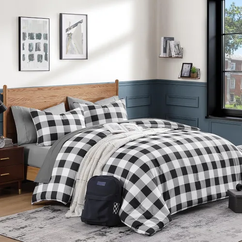 Vista 7 de Andency - Juego de cama tamaño individual con diseño de cuadrícula color beige (66 x 90 pulgadas), 2 piezas