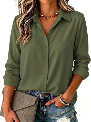 Vista 9 de Zeagoo Blusa para mujer, de manga larga, con botones, casual, ligera, lisa/estampada