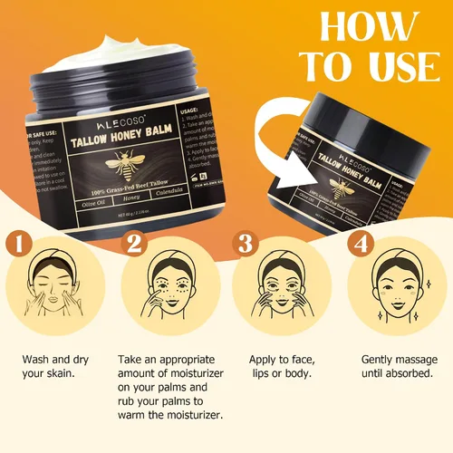 Vista 6 de Sarga de ternera para la piel – Sarga de res para la cara – Hidratante facial – Bálsamo hidratante con miel cruda y cera de abejas – Sarga de res