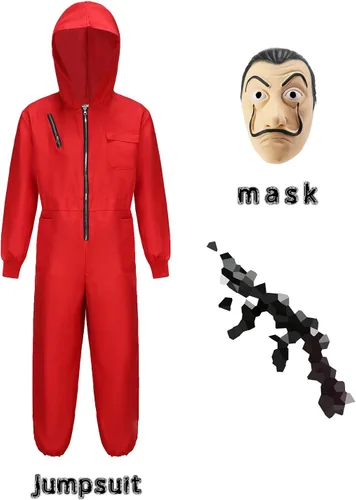 Vista 2 de QUJQOM Disfraz rojo de Halloween, disfraz de dinero, trajes de cosplay para adultos, unisex, para hombres y mujeres, con máscara