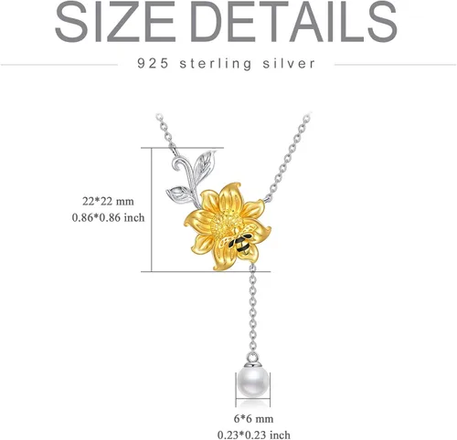 Vista 4 de Yafeeso Pearl Pendant Necklace 925 Sterling Silver Single PearlBee Sunflower Pendant Necklace Dainty Jewelry Gifts for Her