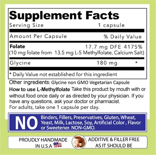 Vista 3 de Nuestro suplemento Daily Vites L-metilfolato (10 mg / 10000 mcg) – Cápsulas de folato activo de 5-MTHF para hombres y mujeres – Folato activo