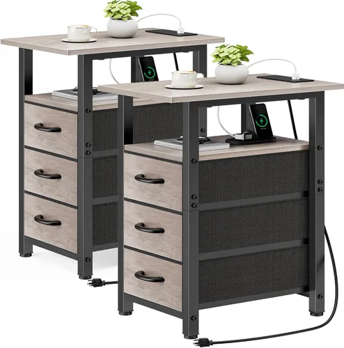 Vista 11 de Vagusicc Mesita de noche negra con estación de carga y luces LED, mesa auxiliar estrecha, mesita de noche LED con 3 cajones de tela para dormitorio
