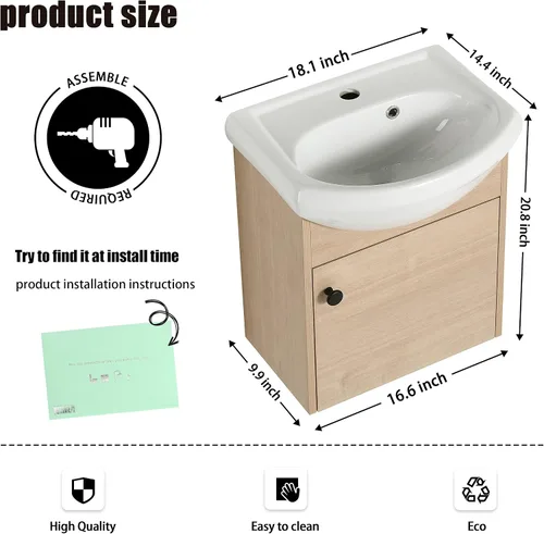 Vista 2 de Vanidad de baño de 18 pulgadas con fregadero, tocador flotante de 18 pulgadas para espacios pequeños, moderno combo de tocador de baño de un solo
