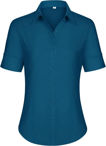 Vista 27 de siliteelon Camisas de vestir de manga corta con botones para mujer, camisas de algodón con botones para mujer, blusa ajustada de manga 3/4