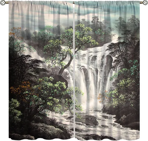 Vista 9 de Cortina asiática, flor de cerezo japonés, montañas brumosas de ciruelo rojo asiático, pintura de tinta tradicional, paisaje chino oriental