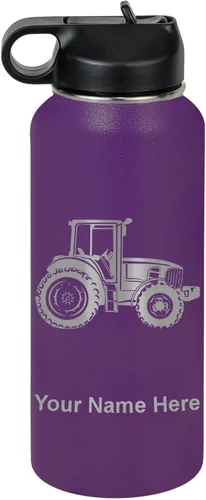 Vista 45 de LaserGram Botella de agua personalizada, tractor agrícola, acero inoxidable de doble pared aislada al vacío con popote superior, regalo grabado