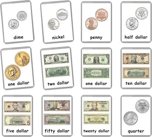 Vista 2 de Generic Tarjetas flash de dinero 17 tarjetas Montessori Tarjetas flash de monedas y billetes estadounidenses Aprendizaje de preescolar