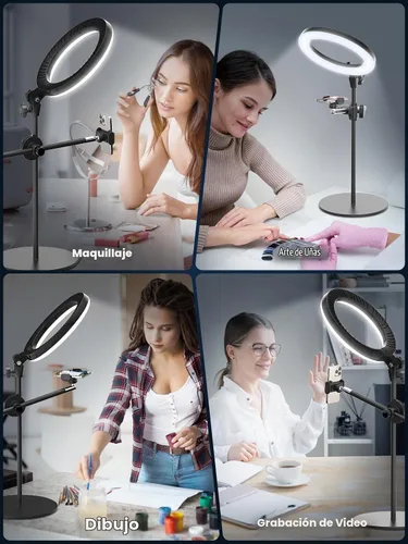 Vista 2 de Luz de anillo para selfie con soporte y soporte para teléfono, soporte de teléfono aéreo con luces de anillo de 10.5", luz circular de escritorio