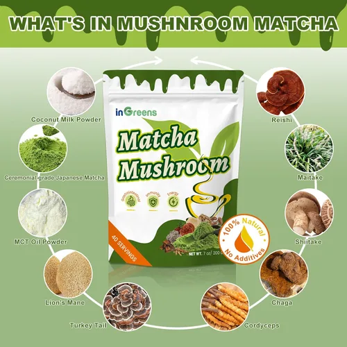 Vista 3 de Matcha de hongos de 7.05 oz, mezcla súper premium, polvo de hongos matcha con MCT, Reishi y melena de león para fortalecer el sistema inmunológico