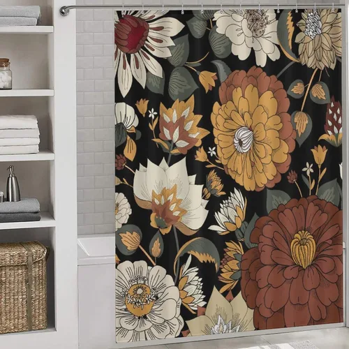 Vista 2 de Cortina de ducha con 12 ganchos para baño, 72 x 72 pulgadas, diseño floral bohemio con hojas tropicales retro y florales (bohemio floral-1)