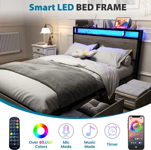 Vista 3 de Kiivakii Base de cama tamaño King con 4 cajones de almacenamiento, plataforma LED con cabecero, estación de carga integrada, sin ruido, base de Gris