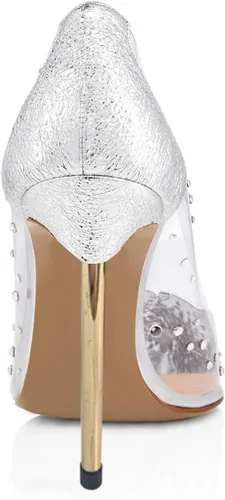 Vista 4 de FSJ - Zapatos de tacón transparentes puntiagudos con incrustaciones para mujer, tacón alto con lazo, tallas estadounidenses (4 a 15 M)