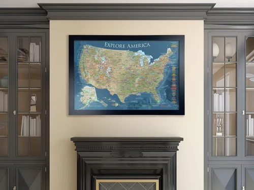Vista 7 de GEOJANGO National Parks Push Pin Map with Terrain, USA Interstates, All NPS Sites, Landmarks, Highest Peak by State - Voyager Edition - Framed Map