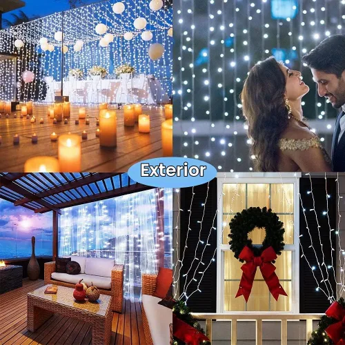 Vista 5 de Luces de cortina solares para exteriores, 300 luces LED en forma de cascada, 8 modos, control remoto, luces impermeables para cascada, para cenador