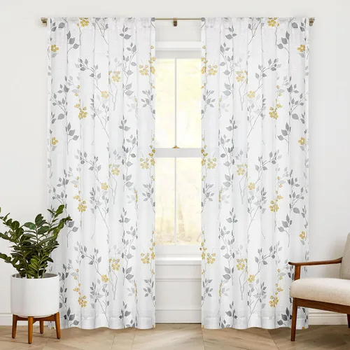 Vista 28 de Beauoop Juego de 2 cortinas semitransparentes de lino floral para sala de Clásico azul y gris