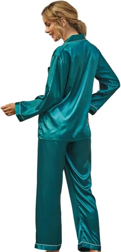 Vista 5 de Conjunto de pijama de seda para mujer, conjunto de pijama de manga larga de dos piezas, conjunto de pijama con botones, ropa de dormir