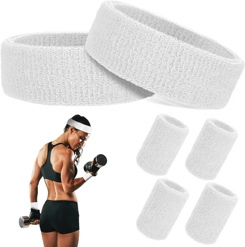 Vista 9 de ASTER Juego de 6 muñequeras para la cabeza, incluye 2 diademas deportivas y 4 pulseras deportivas a rayas coloridas para hombres y mujeres