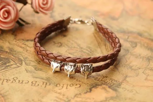 Vista 3 de Fox Bracelet,Cute Fox Head Charm Bracelet,Brown Leather Rope Bracelet,Birthday Gift