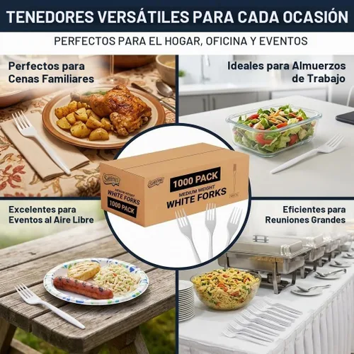 Vista 2 de Settings Tenedores de plástico blanco, 1000 unidades, tenedores desechables de alta resistencia, cubiertos de plástico a granel sin BPA