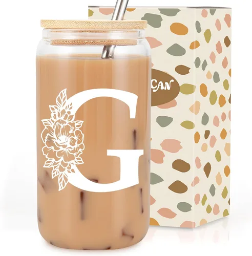 Vista 11 de Taza de Vidrio Inicial Coolife, Regalos Personalizados para Mujeres, Tazas de Vidrio de 16 oz con Tapas y Popotes, Taza para Café Helado, Licuado