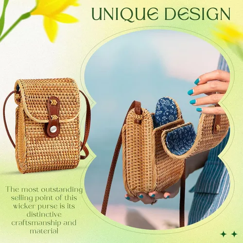 Vista 4 de Clysee Bolso de paja cruzado de mimbre para mujer, bolso pequeño de ratán bohemio, bolso cruzado hecho a mano de mimbre tejido, como se muestra