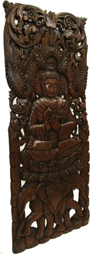 Vista 5 de Asiana Home Decor Buddha - Panel de pared de madera tallada grande en acabado marrón oscuro, tamaño 35.5 x 13.5 x 1 pulgadas
