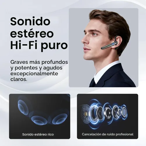 Vista 5 de Auriculares Bluetooth, auriculares inalámbricos Bluetooth 5.4 con 10 horas de tiempo de conversación manos libres, auriculares de una sola oreja