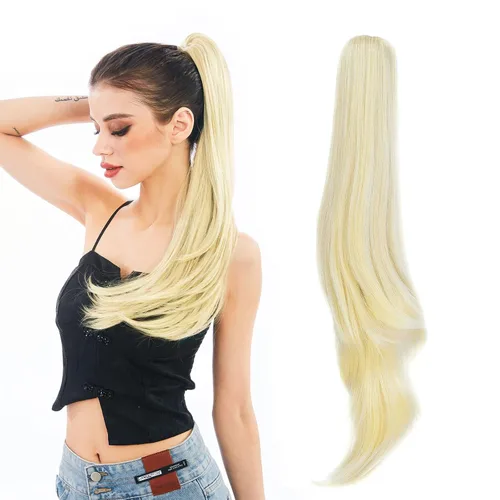Vista 12 de Extensión de Cola de Caballo, Extensión de Cabello con Garra Larga de 20", Piezas de Cabello Sintético Ondulado Liso con Clip en Peluca de Cola
