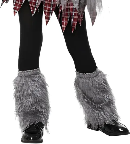 Vista 3 de JIAHG Disfraz de hombre lobo de piel sintética para Halloween, gorro, guantes, cubrezapatos, chal para niños y niñas, accesorios de fiesta
