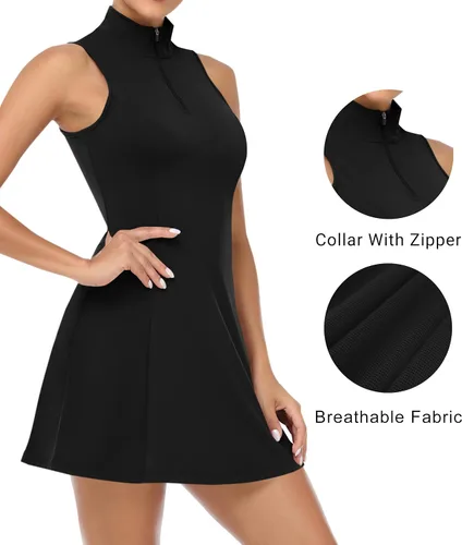 Vista 3 de JAFINSY Vestido deportivo de tenis para mujer con pantalones cortos y bolsillos, diseño de cuello alto sin mangas para golf