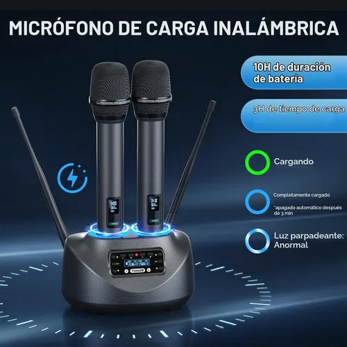 Vista 5 de TONOR Micrófonos inalámbricos Bluetooth, sistema de micrófono inalámbrico UHF recargable para fiestas en casa, doble mano de metal de 260 pies