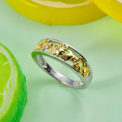 Vista 7 de Jeulia Claddagh - Anillos para mujer, plata de ley 925, chapado en oro de 14 quilates, anillo de compromiso de circonita cúbica de dos tonos, anillo