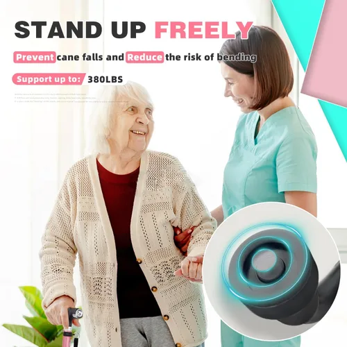 Vista 7 de Bastón BeneCane de cuatro puntas con dos luces LED con base grande, mango en T y ligereza, bastón ajustable para caminar de cuatro puntas resistente