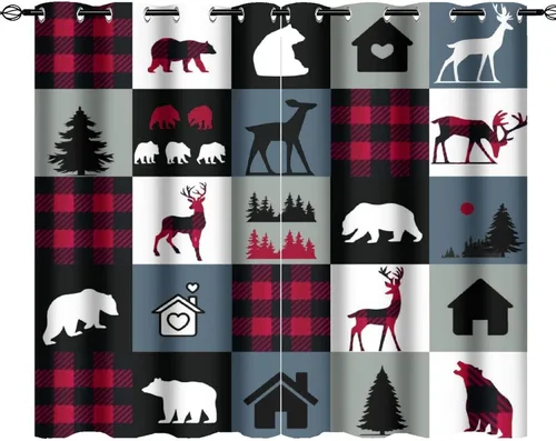 Vista 34 de Cortinas de oscurecimiento estilo campestre con osos, alces y ciervos, cortinas opacas para ventanas con ojales, tratamiento de ventanas eficiente