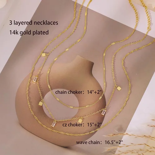 Vista 6 de Fwlisesa Collares en capas para mujer, conjunto de collares de oro delicado, collar de gargantilla chapado en oro de 14k, con circonita cúbica