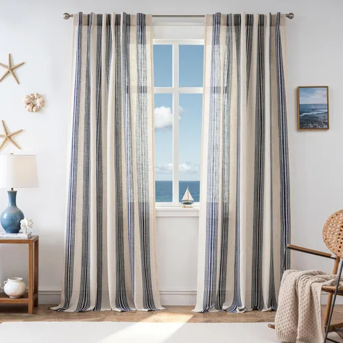 Vista 49 de DriftAway Cortinas de estilo granja con rayas verticales de lino mezclado texturizado con filtro de luz semitransparente para sala de estar