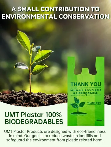 Vista 2 de UMT Plastar 500 bolsas biodegradables para camisetas, 11.5 x 6.25 x 21 pulgadas 16 bolsas de transporte ecológicas con asas fuertes para uso