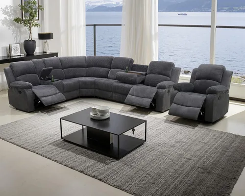 Vista 15 de Juego de sofá seccional reclinable manual, juegos de muebles de sala de estar de cuero regenerado en forma de L, sofá de esquina seccional