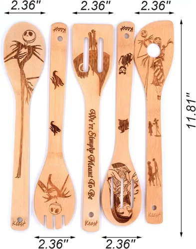 Vista 3 de Keast Juego de 5 cucharas de espátula de bambú, espátulas y cucharas antiadherentes de Pesadilla y Navidad, decoración de Navidad, juego