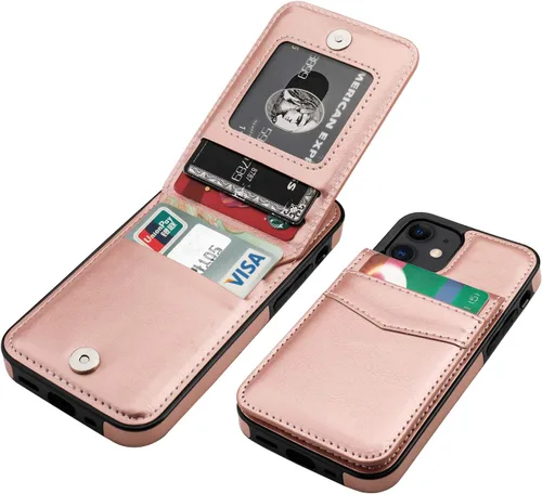Vista 12 de KIHUWEY - Funda tipo cartera para iPhone 12 Mini, soporte para tarjetas, color negro Ranuras para tarjetas de crédito, piel sintética, cierre