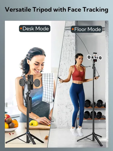 Vista 4 de USKEYVISION Trípode de seguimiento facial automático con rotación de 360°, trípode de teléfono para iPhone con luz de relleno, palo selfie