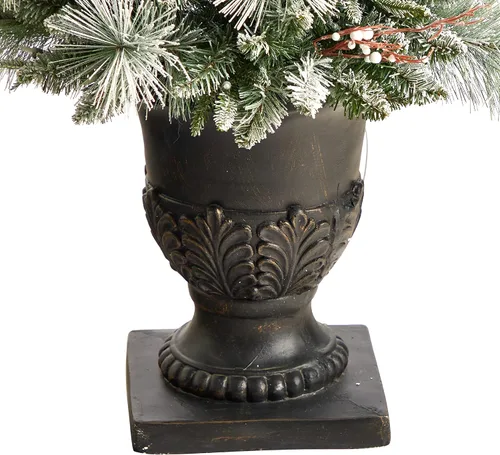 Vista 6 de Nearly Natural Árbol de Navidad artificial flocado de 5 pies con 100 luces LED y 186 ramas flexibles en urna decorativa