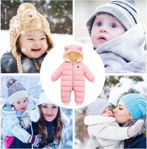 Vista 6 de Happy Cherry Traje de nieve con capucha para bebé, ropa de invierno con cremallera, manga larga, ropa de abrigo de algodón cálido de una pieza