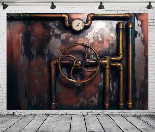 Vista 3 de BELECO Telón de fondo de fotografía Steampunk retro oxidado, de 5 x 3 pies, tubos de vapor de metal viejo, medidor de presión, fondo de máquina