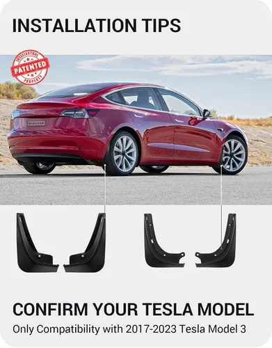 Vista 2 de BASENOR 2017-2023 Tesla Model 3 solapas de barro protectores contra salpicaduras guardabarros (diseño patentado) sin perforación sin cinta