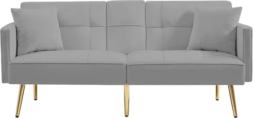 Vista 4 de Sofá sofá futón con respaldo ajustable, sofá biplaza de terciopelo con patas de metal para sala de estar, dormitorio, espacio pequeño (gris)